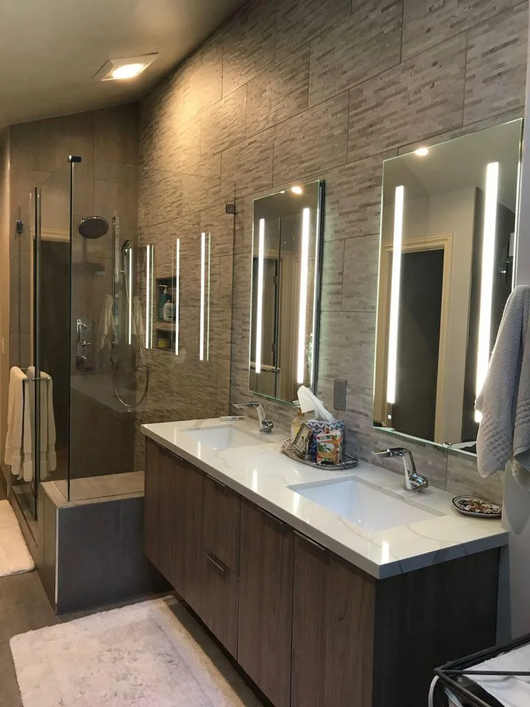 Custom Bathroom Design with Double Sink and Wooden Vanity - Bathroom Remodeling Milpitas
